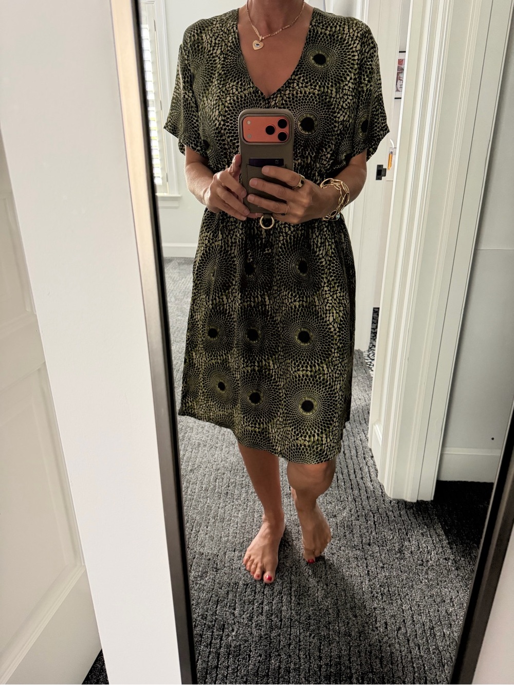 Matta Olive Green Printed V-Neck Mini Dress